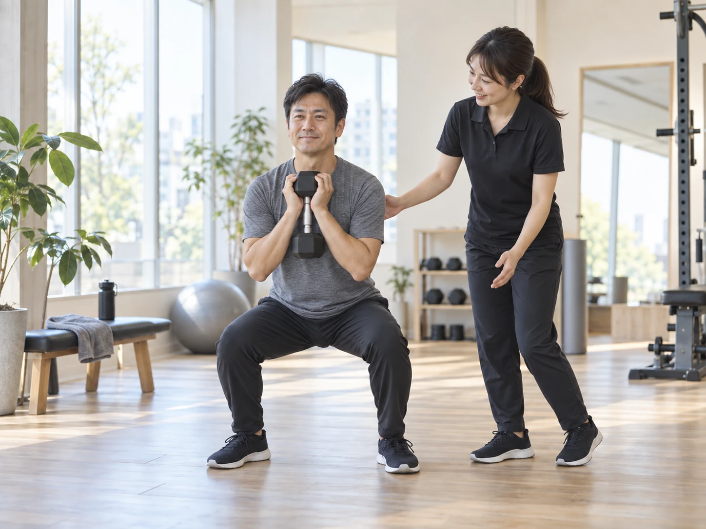 トレーナーの指導を受けながら、自分のペースで軽い運動をする40代男性のイメージ